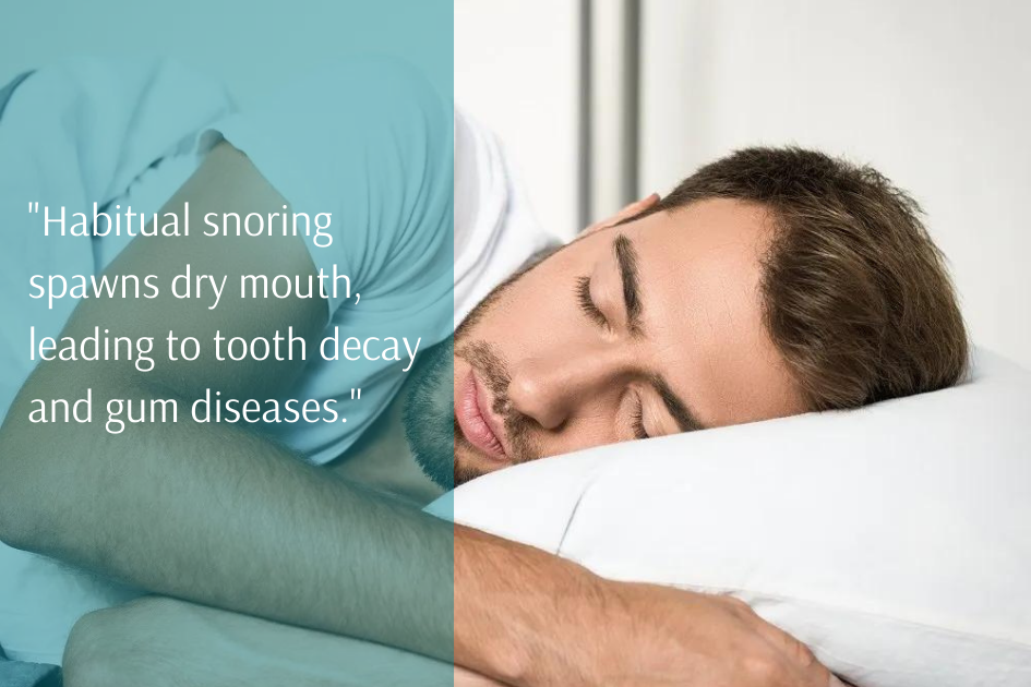 A man sleeping with the words, snoring negatively impacting your oral health by causing tooth decay and gum disease.