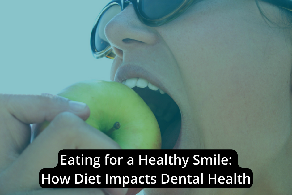 Woman biting into a green apple to highlight the relationship between diet impacts and dental health.