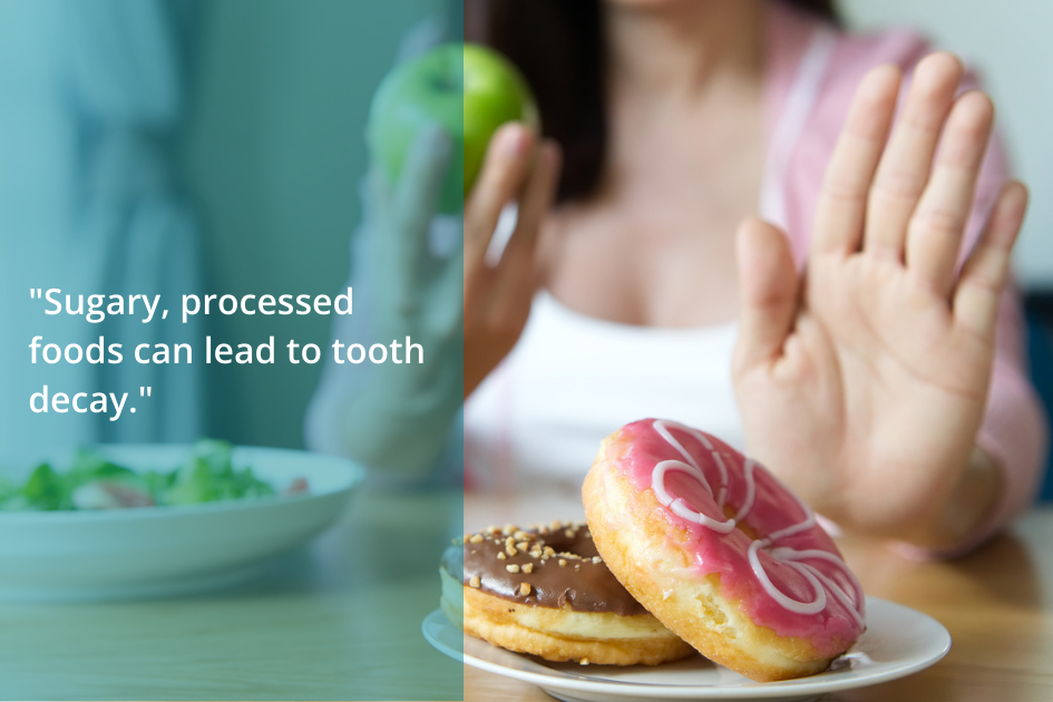 Woman rejecting doughnuts in favor of a healthy apple choice for her diet and dental health.