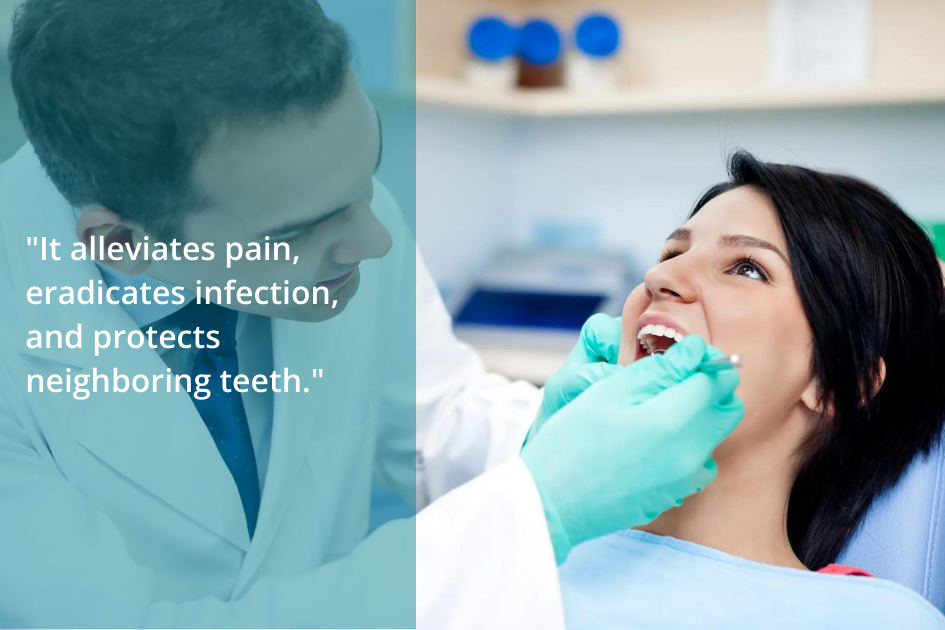 A dentist examines a woman's open mouth while she is seated in a dental chair. Text on the left reads, "Root Canal Treatment alleviates pain, eradicates infection, and protects neighboring teeth, offering long-term benefits for your smile.