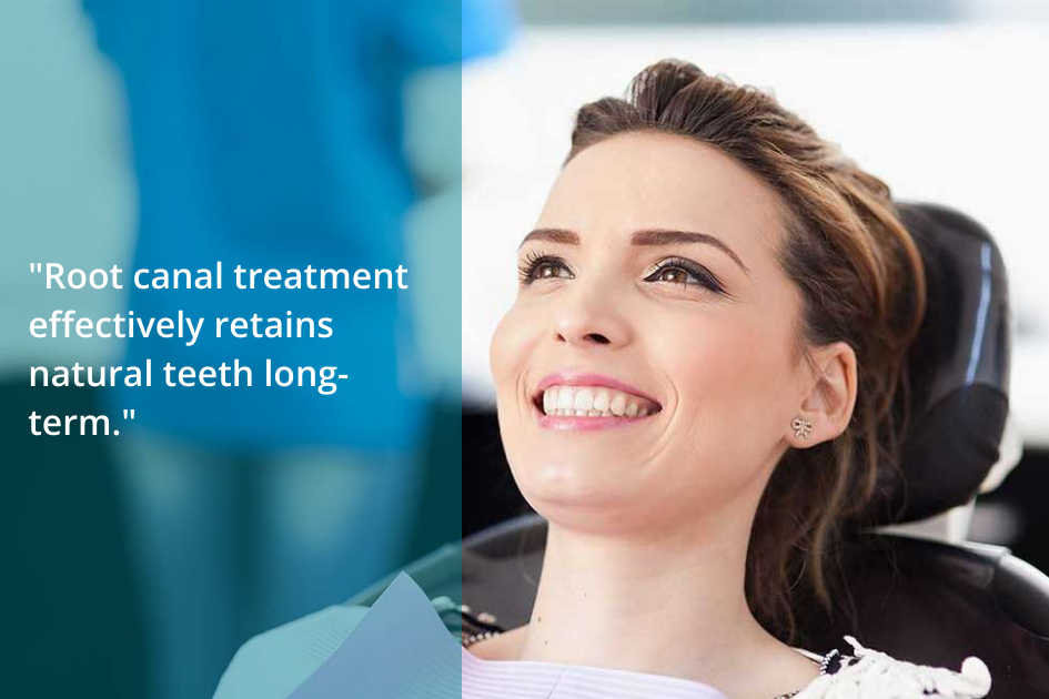 A woman with a pleased smile sits in a dental chair, with a text overlay stating, "Root canal treatment effectively retains natural teeth long-term, offering significant long-term benefits.