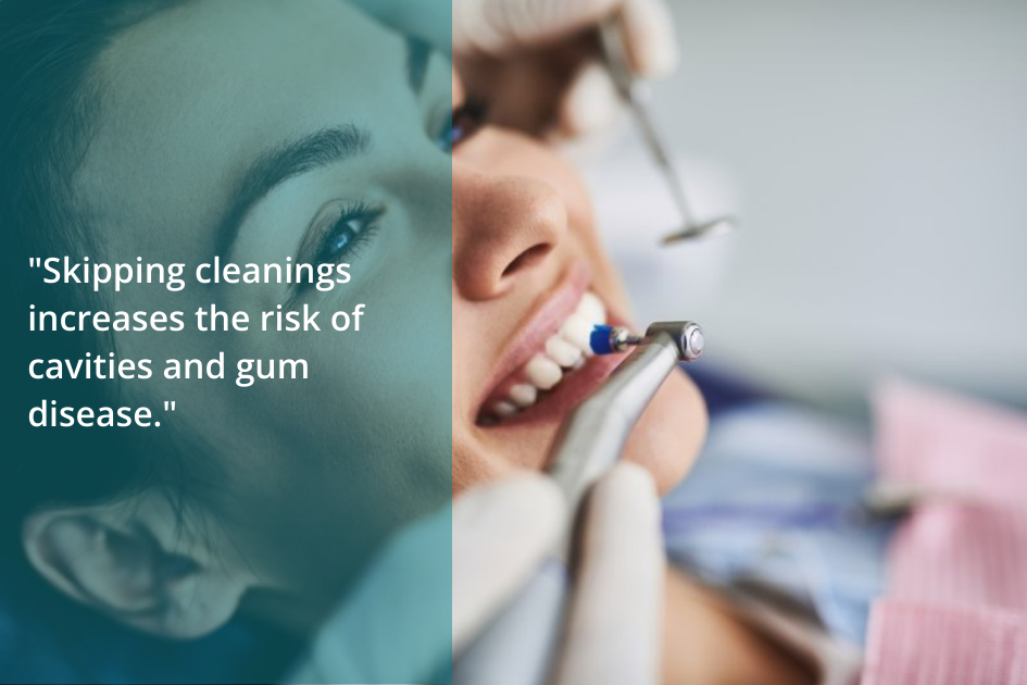 A dentist is using instruments to clean a patient's teeth. The image has a text overlay stating, "Skipping cleanings increases the risk of cavities and gum disease." Regular dental cleaning frequency is vital for optimal oral health.