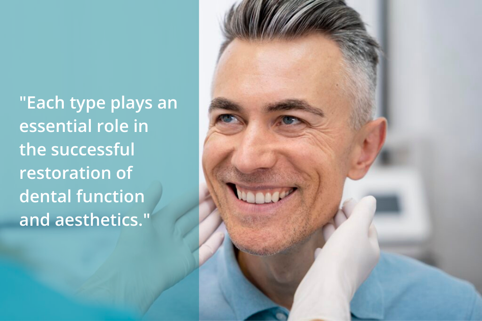 A smiling man at a dental clinic is being examined by a dentist wearing gloves. A quote about the importance of dental restoration and multiple dental bridges is displayed on a blue background beside him.