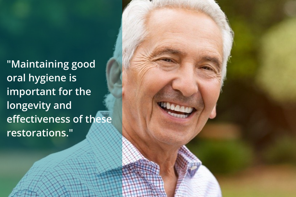 Smiling older man with grey hair and a white shirt with a quote overlay: "Maintaining good oral hygiene is important for the longevity and effectiveness of multiple dental bridges.