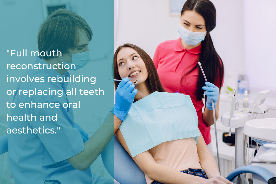 A dentist and assistant wearing masks and gloves examine a smiling female patient in a dental chair, showcasing how full mouth reconstruction benefits can transform lives.