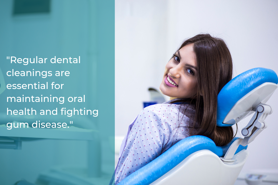 A woman in a dental chair smiles at the camera, emphasizing how regular dental cleanings are essential for maintaining gum health and preventing gums from bleeding.