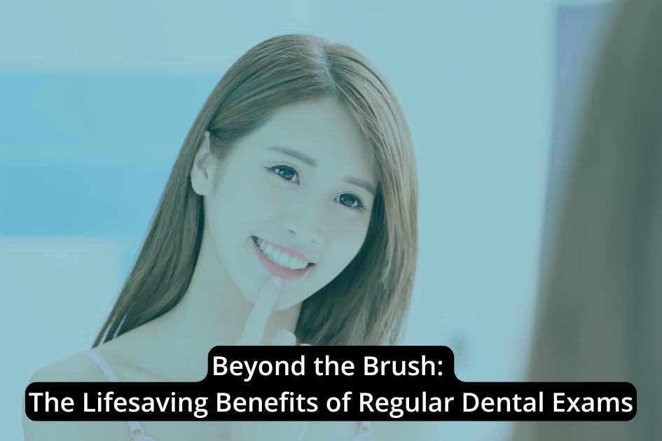 A woman smiles while pointing to her teeth, with text overlay: "Beyond the Brush: Discover the Lifesaving Benefits of Regular Dental Exams.