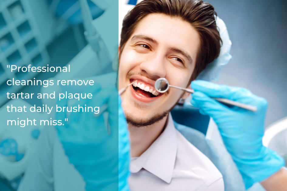 At the dentist's office, a patient undergoes a dental exam as the dentist, in blue gloves, carefully checks their teeth. A caption highlights the lifesaving benefits of regular dentist visits and professional cleanings for maintaining oral health.